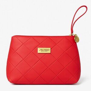 Shiseido Red Quilted Zipper Cosmetic Bag Wristlet Pouch – 10"x7" – Elegant Trave